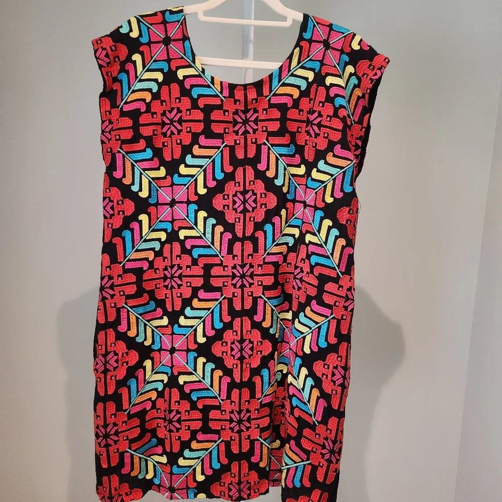 J.Marie Embroidered Shift Dress Vacation Resortwear Bright Mexico Geometric Sz S - Picture 5 of 12